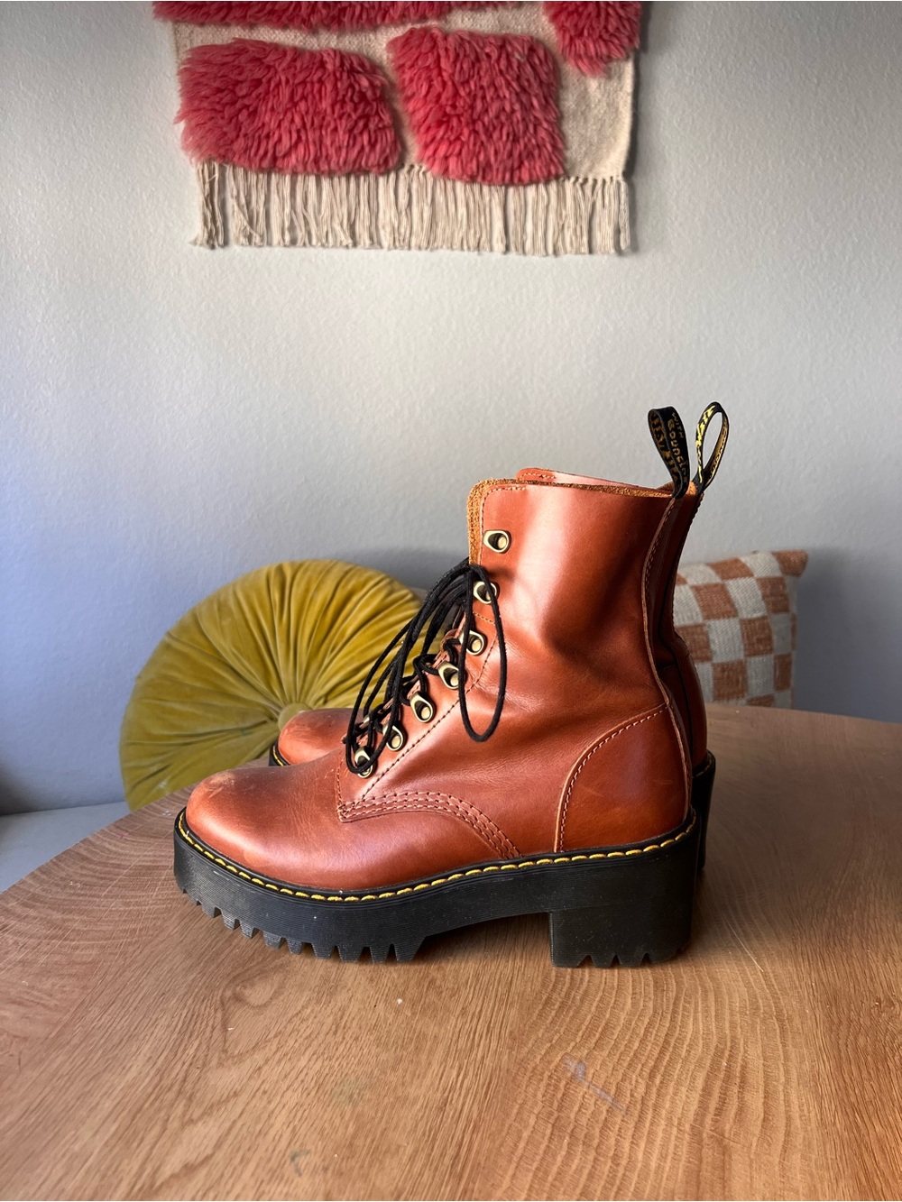Dr. Martens Leona Women's Platform Lace-Up Boots in Cognac Brown